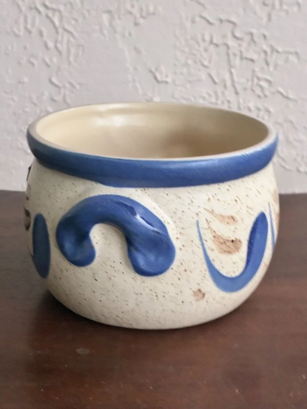 VINTAGE Handmade Pot German Westerwald Stoneware Bowl Cream Cobalt Blue Folk Art